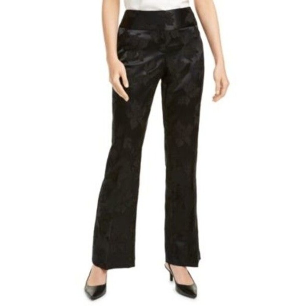 New Alfani Tummy Pants Womens 4 Black Floral Tummy Control Flat Front Shimmer